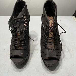 Lace-Up Peep Toe Cutout Heels in Dark Brown